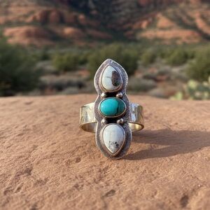 Genuine White Buffalo/Blue Turquoise Stone Detailed Adjustable Band Copper Ring